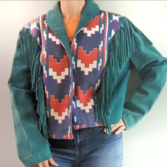 Lariat Women's Green Suede Leather Fringe Jacket Rodeo Cowgirl Aztec Size Large - Picture 1 of 14